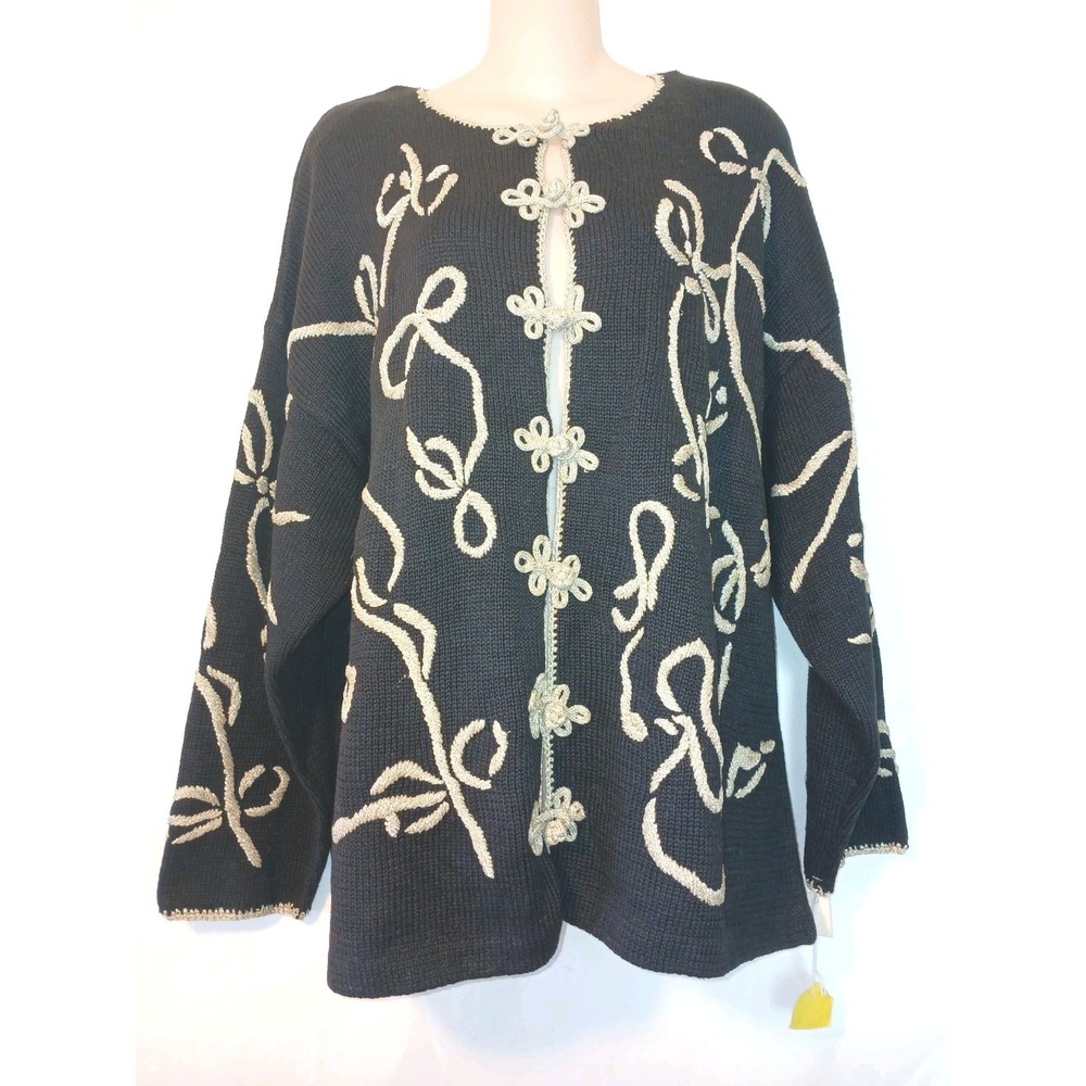 Vintage Robbie Sport Black Gold Brocade Cardigan Knit Sweater 90's Size XL  D141